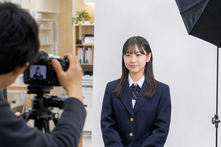 受験用証明写真を店舗で撮影している様子