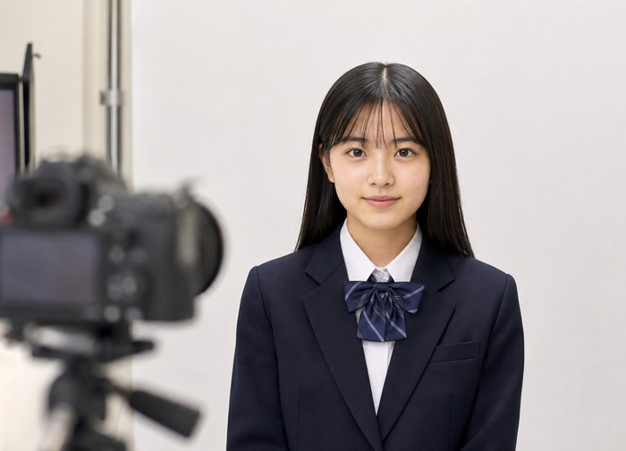 証明写真の撮影前に表情と身だしなみを確認する様子